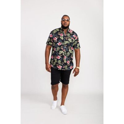 D555 Wilton Big Mans Hawaiian Floral Print Cotton Shirt Black