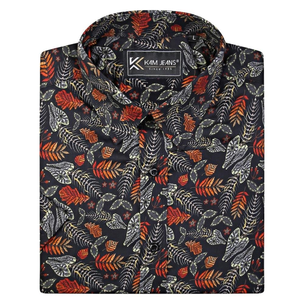 KAM DESIGNER FISH LEAF PRINT SHORT SLEEVE SHIRT - 7XL CLEARANCE