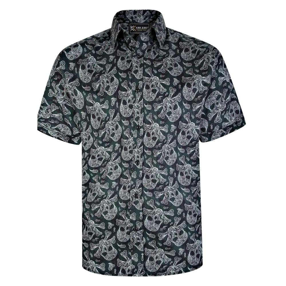 KAM RETRO SKULL PRINT SHORT SLEEVE SHIRT BLACK