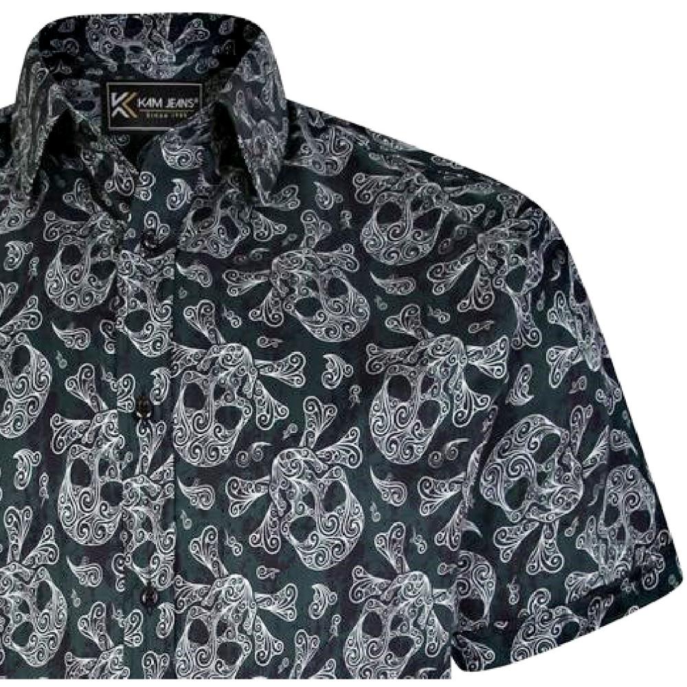 KAM RETRO SKULL PRINT SHORT SLEEVE SHIRT BLACK