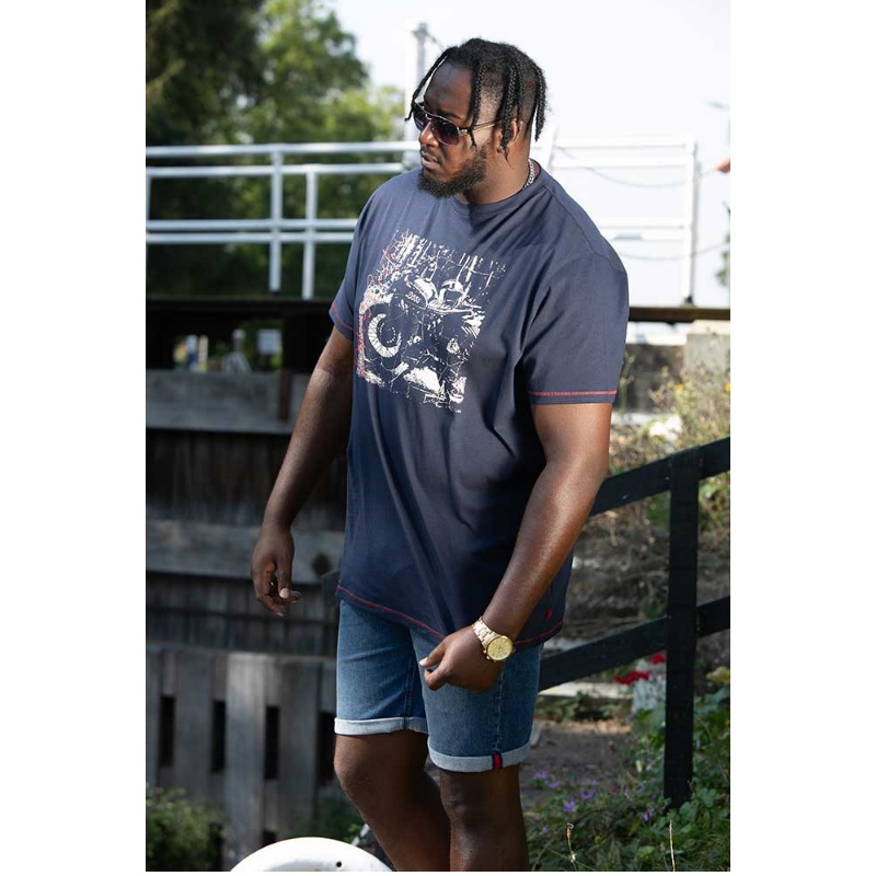 D555 Bronson Customs Motorbike Printed Big Tee Navy
