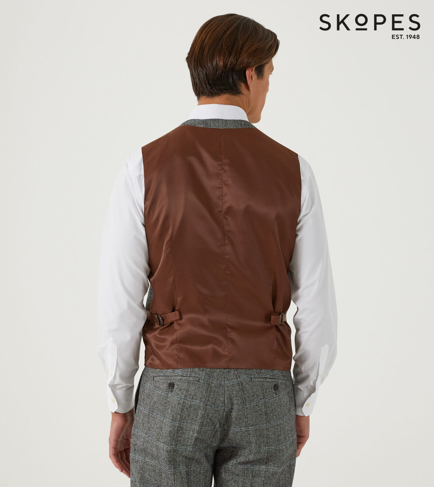 ROWAN - SKOPES WOOL BLEND HERRINGBONE WAISTCOAT WITH OVER CHECK BROWN