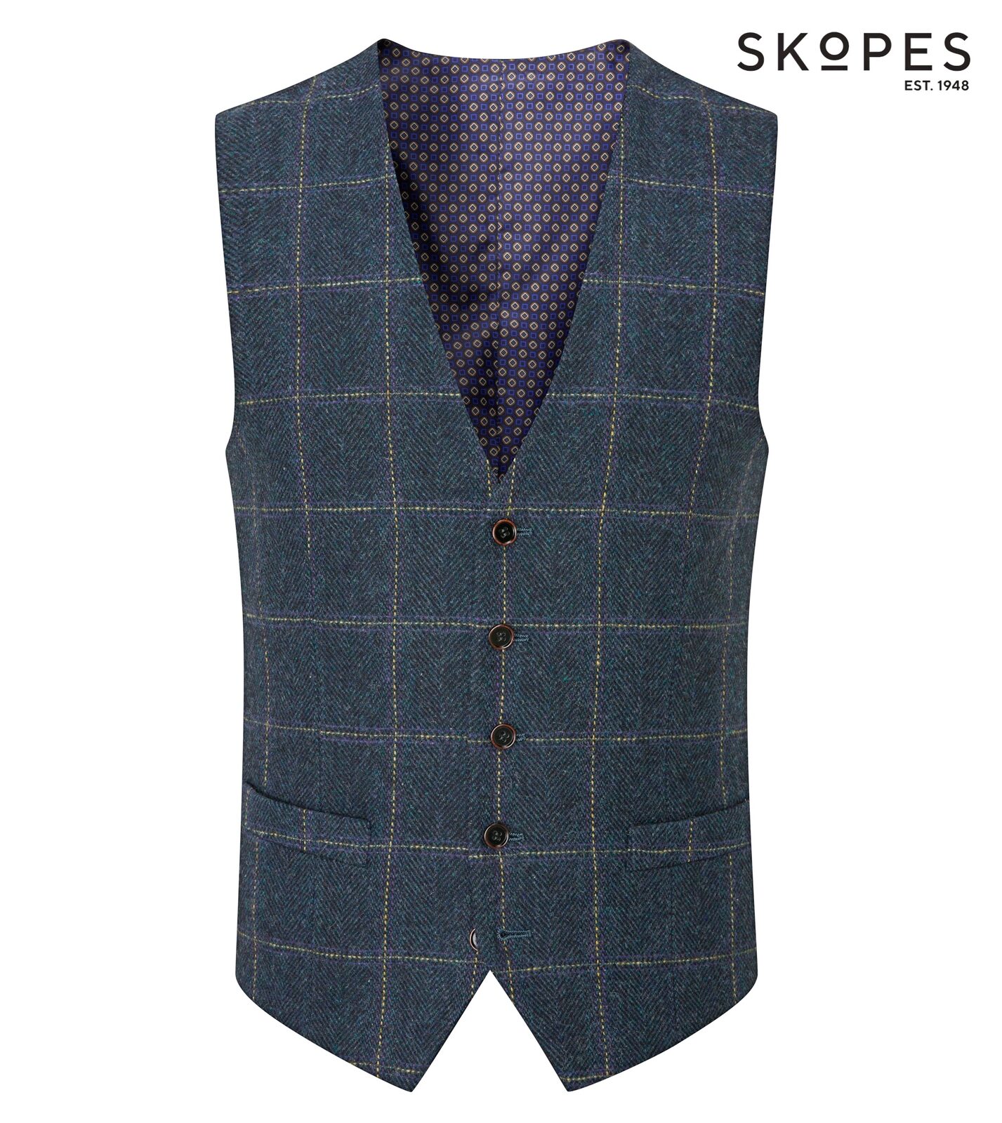 HEATON - SKOPES WOOL BLEND HERRINGBONE WAISTCOAT WITH OVER CHECK NAVY