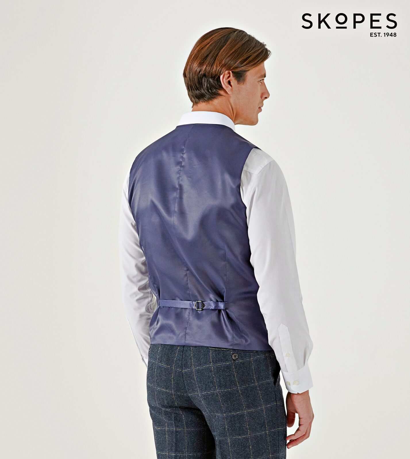 HEATON - SKOPES WOOL BLEND HERRINGBONE WAISTCOAT WITH OVER CHECK NAVY