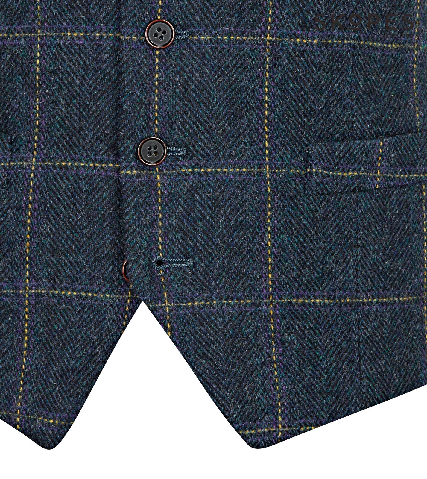 HEATON - SKOPES WOOL BLEND HERRINGBONE WAISTCOAT WITH OVER CHECK NAVY