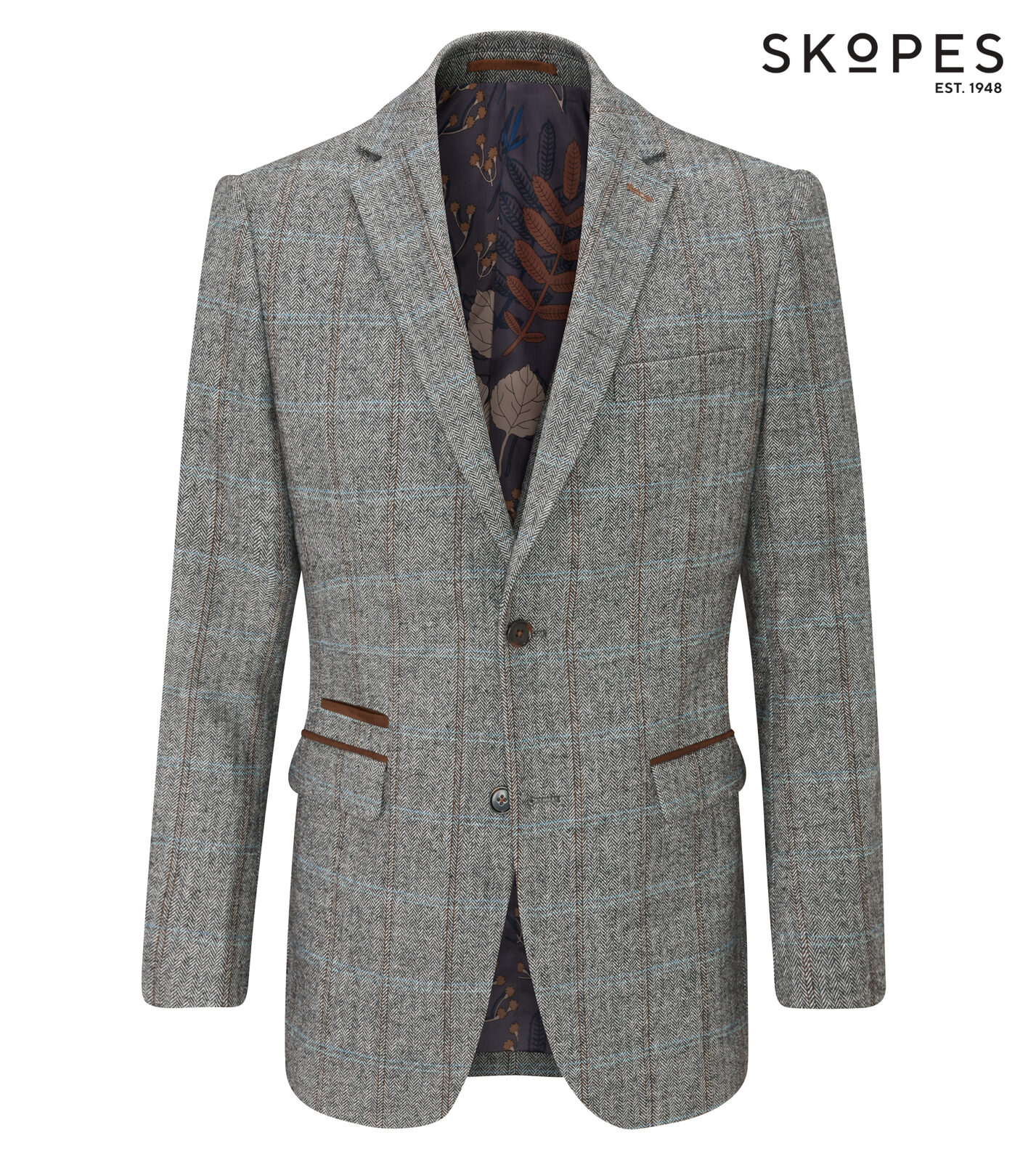 ROWAN - SKOPES WOOL BLEND HERRINGBONE JACKET WITH OVER CHECK BROWN 50" REGULAR