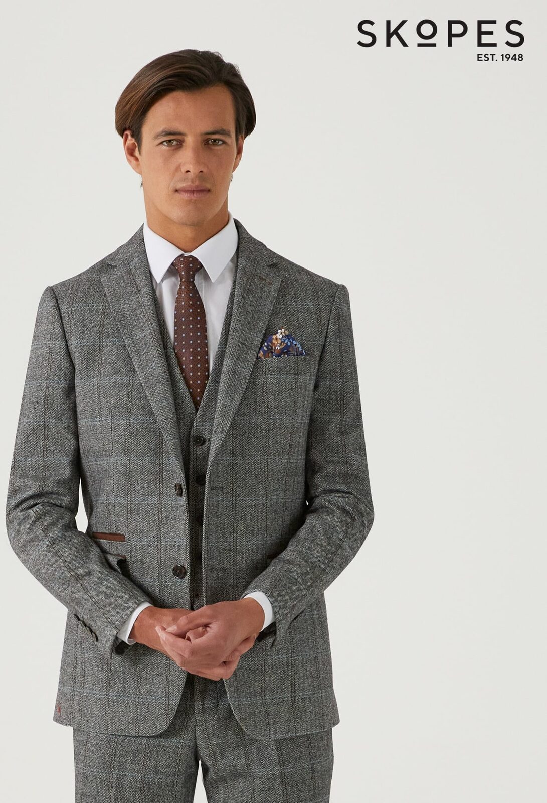 ROWAN - SKOPES WOOL BLEND HERRINGBONE JACKET WITH OVER CHECK BROWN