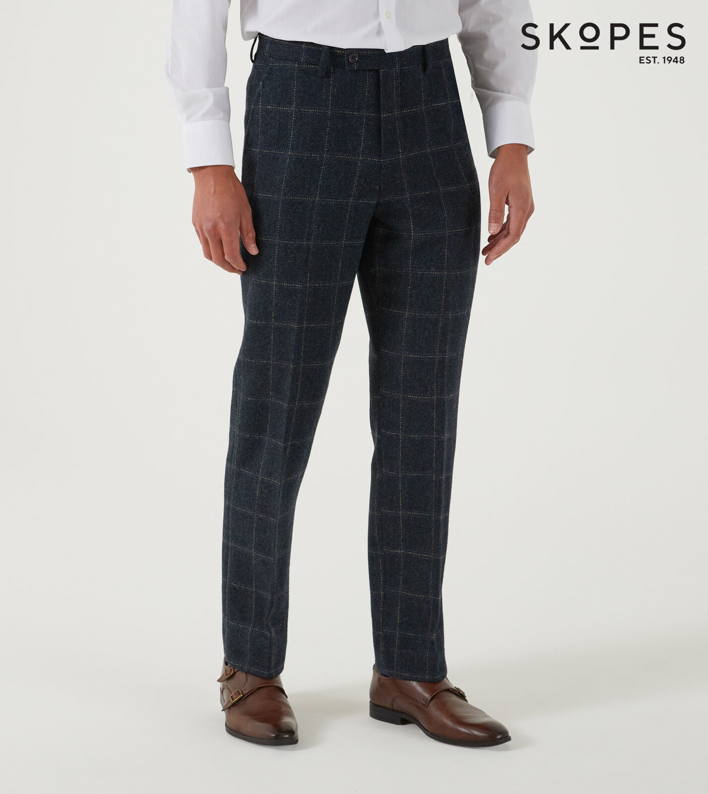 HEATON - SKOPES WOOL BLEND HERRINGBONE TROUSERS WITH OVER CHECK NAVY