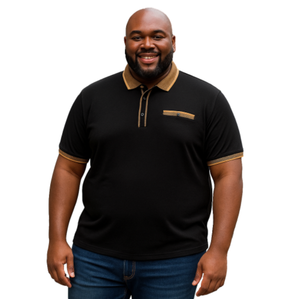 KAM JERSEY POLO WITH JACQUARD COLLAR AND CUFFS BLACK