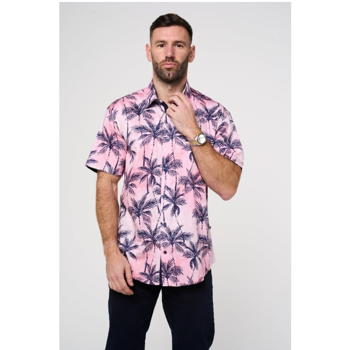 KAM Short Sleeve Palm Print Shirt PINK KBS6078
