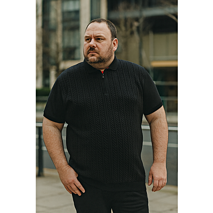 D555 KENNEDY Big Mens Cable Knitted Polo Shirt with Quarter Neck Zip