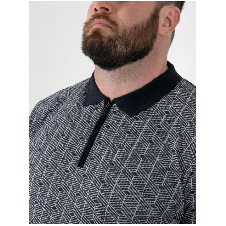 D555 PERRY Big Mens Jacquard Knitted Polo Shirt with Quarter Neck Zip
