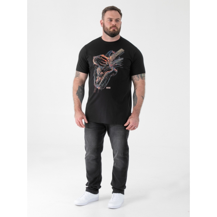 D555 ELLIOTT Multi Coloured Guitar Printed Crew Neck T-Shirt BLACK