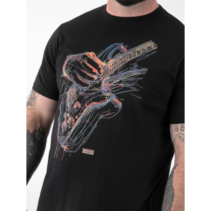 D555 ELLIOTT Multi Coloured Guitar Printed Crew Neck T-Shirt BLACK