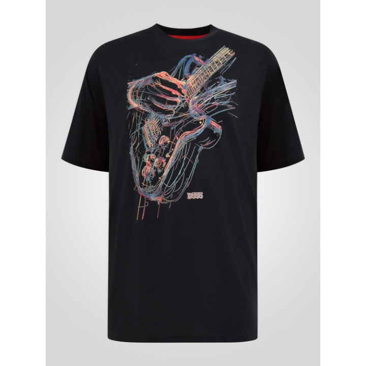 D555 ELLIOTT Multi Coloured Guitar Printed Crew Neck T-Shirt BLACK