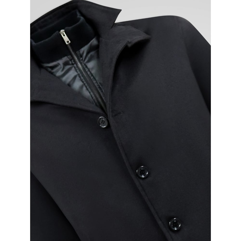 D555 ELTON Melton Overcoat with mock Zip Thru Quilted Centre Panel BLACK - The D555 Men's 'Elton' Melton Overcoat Jacket in black