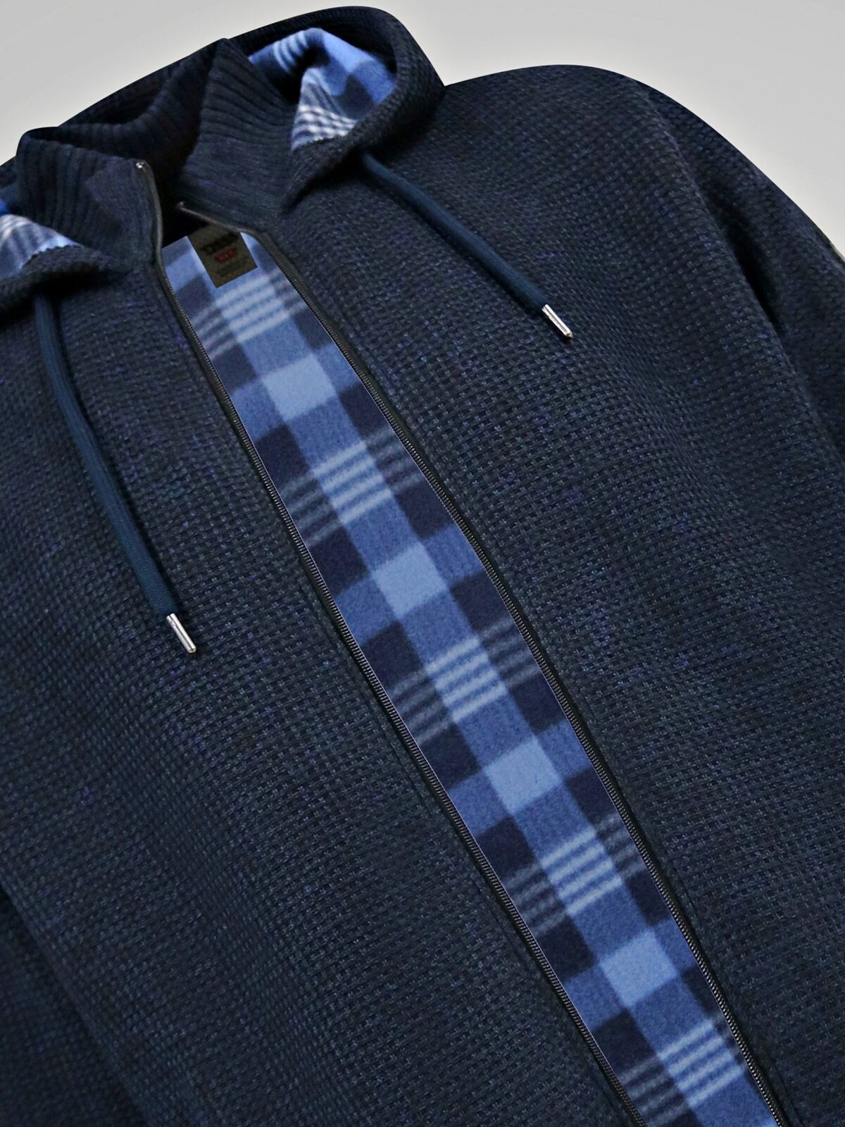D555 Knitted Hoody with Bonded Fleece Check Lining and Zipped Lower Pockets RUPERT NAVY 802009