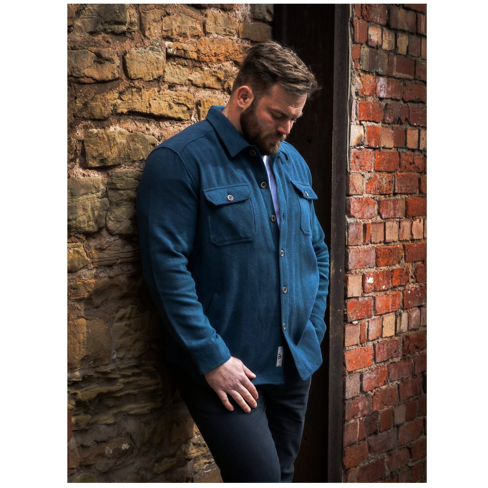 D555 LEONARD Big Mens Herringbone Over Shirt Shacket with Multi Pockets NAVY