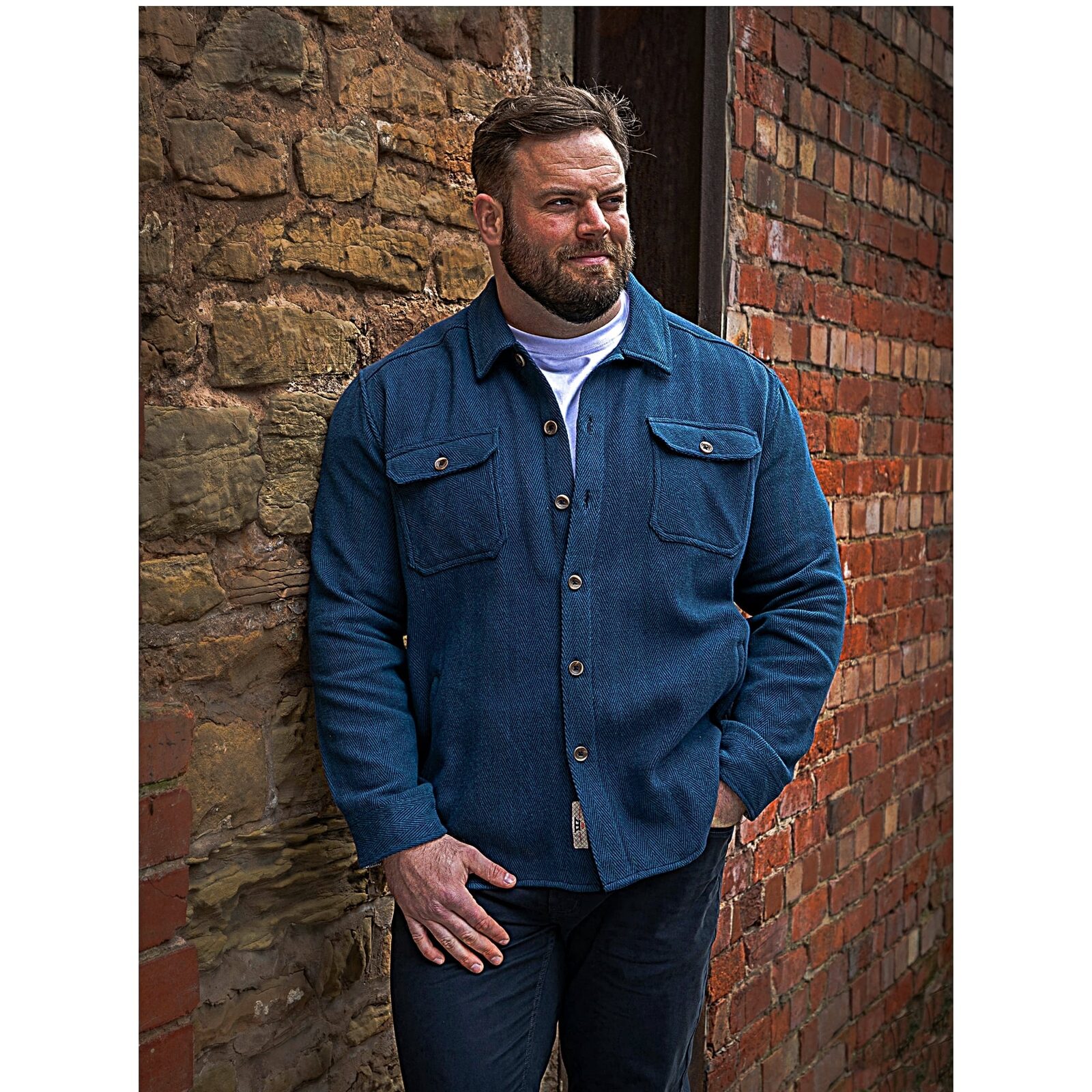 D555 LEONARD Big Mens Herringbone Over Shirt Shacket with Multi Pockets NAVY
