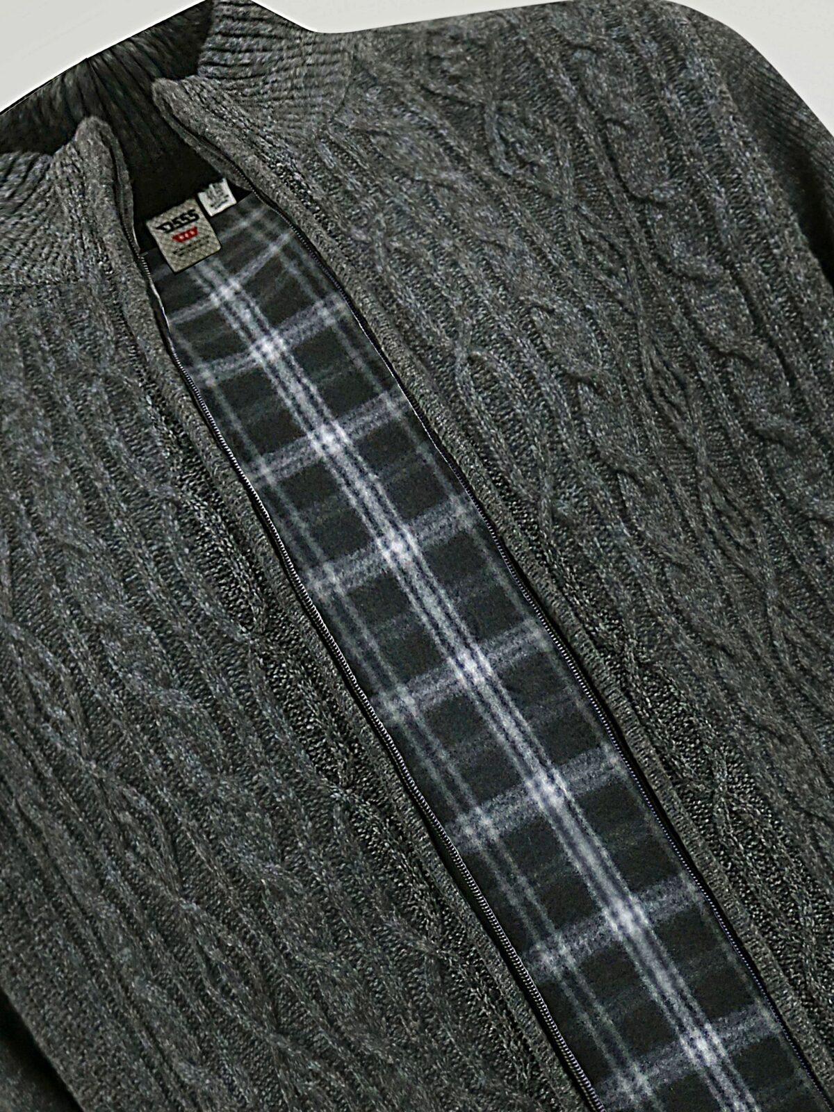 D555 Big Mens Cable Knitted Sweater With Full Zip and Bonded Check Lining EAMON CHARCOAL 802002
