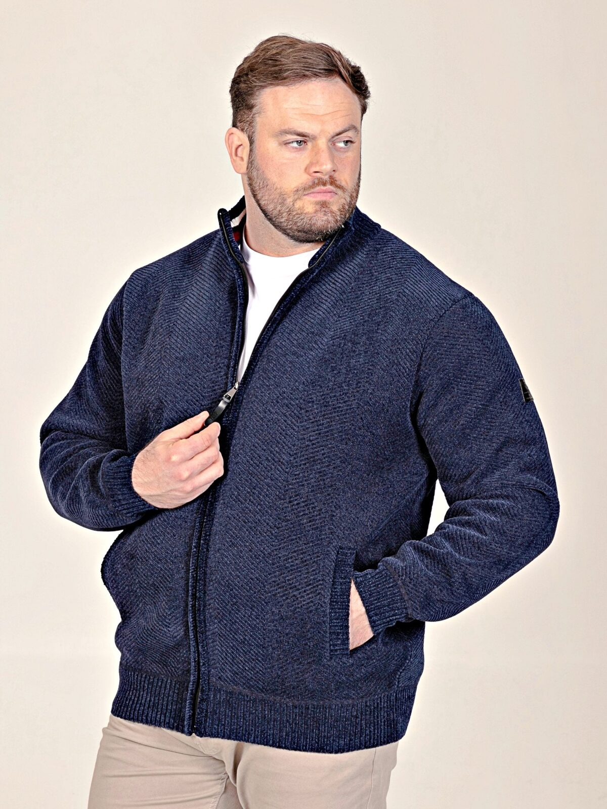 2XL to 6XL D555 Big Mens Chenille Knitted Herringbone Zip Through Sweate