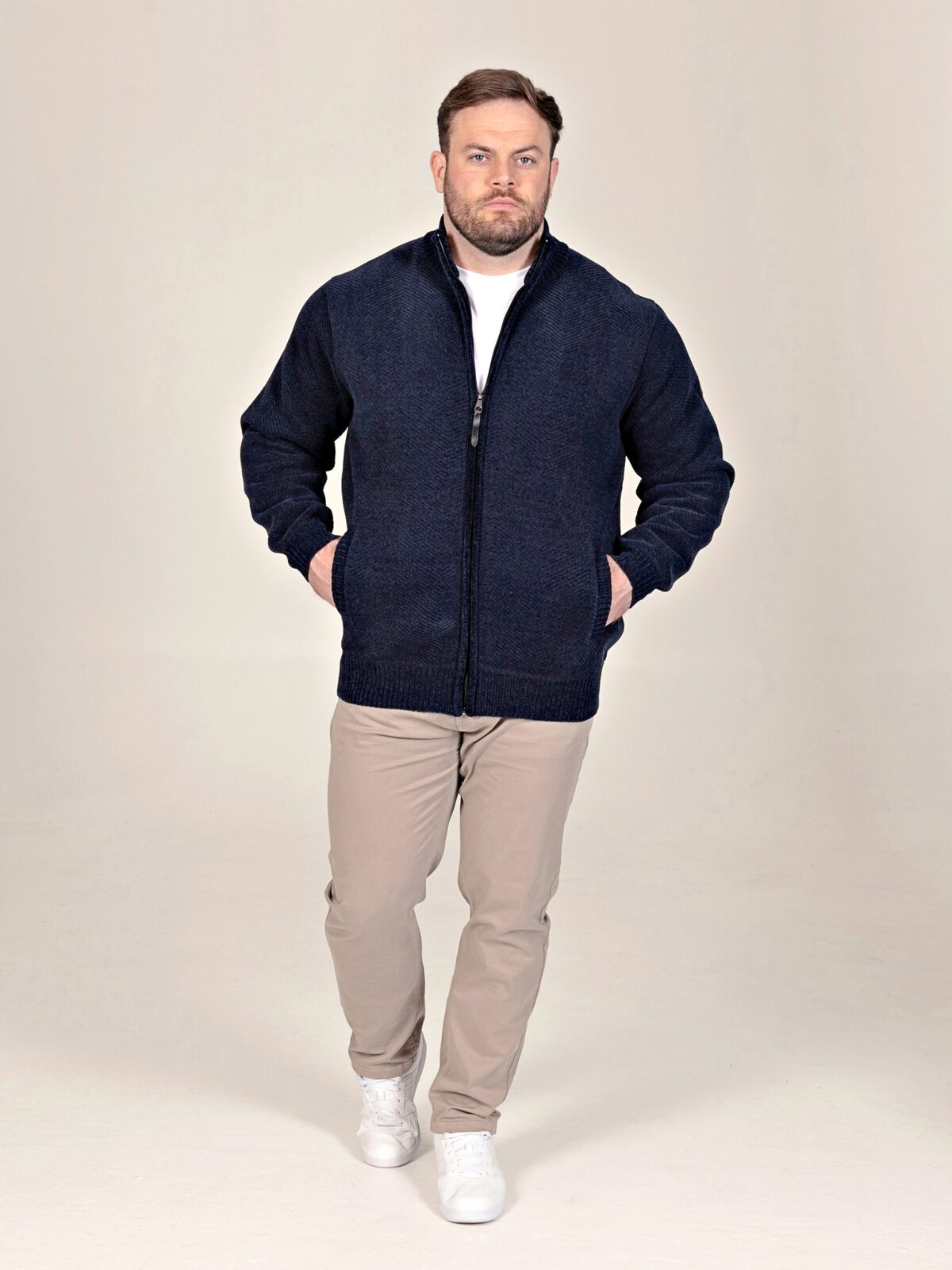 2XL to 6XL D555 Big Mens Cable Knitted Sweater With Full Zip and Bonded Check Lining EAMON CHARCOAL 80200