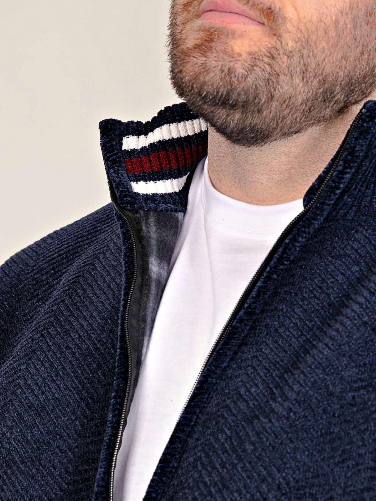 2XL to 6XL D555 Big Mens Chenille Knitted Herringbone Zip Through Sweater with Bonded Check Lining NAVY TRAVIS 802005
