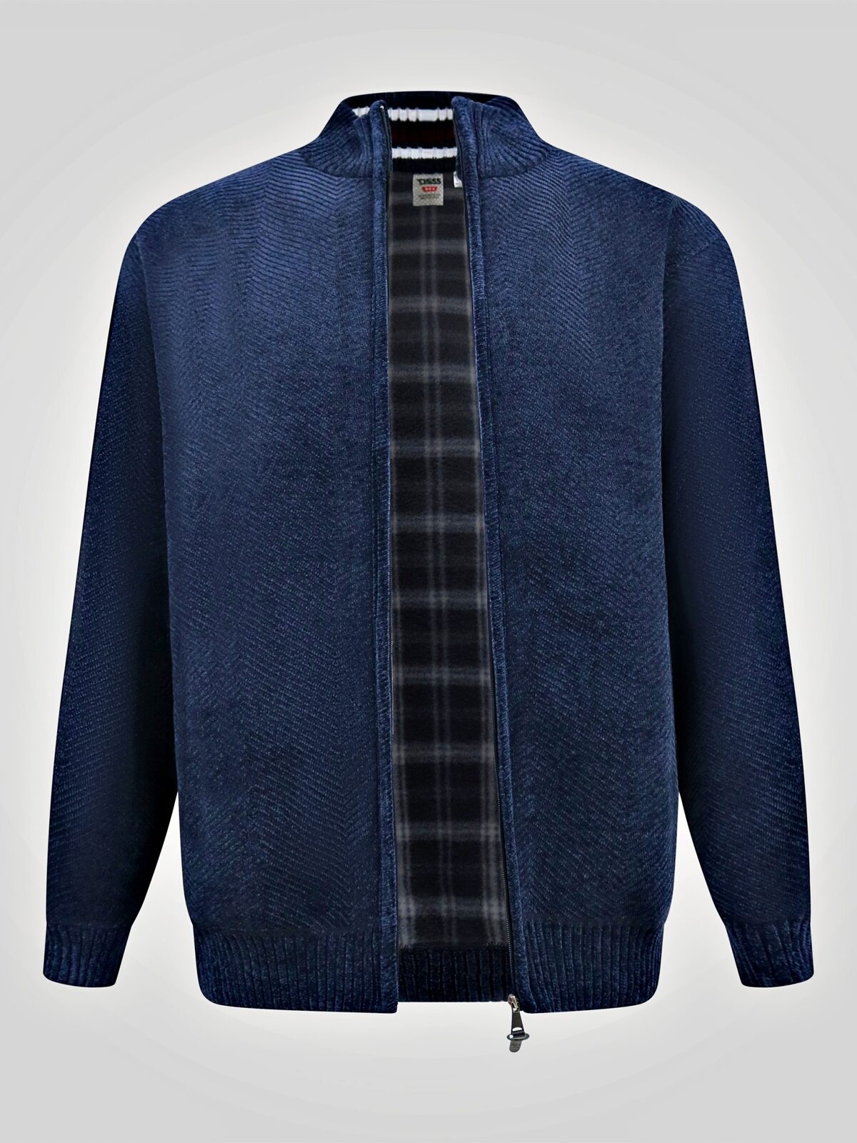 D555 Big Mens Chenille Knitted Herringbone Zip Through Sweater with Bonded Check Lining NAVY TRAVIS 802005