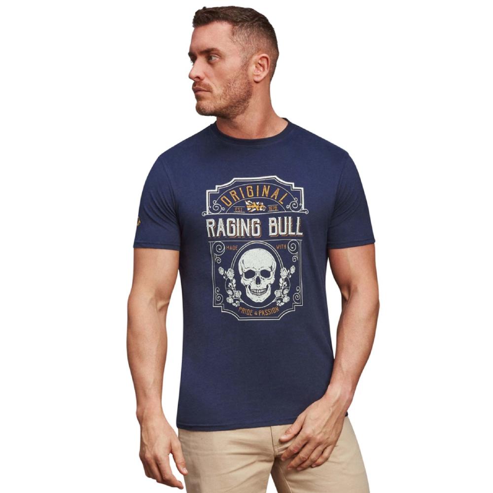RAGING BULL PRIDE AND PASSION SKULL AND ROSES TEE NAVY
