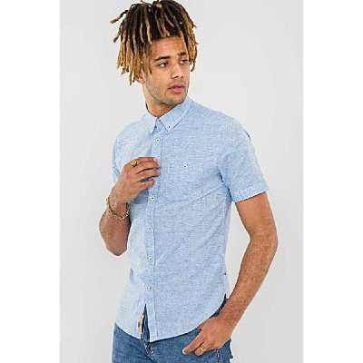D555 REID LINEN MIX SHORT SLEEVE BUTTON DOWN SHIRT SKY BLUE