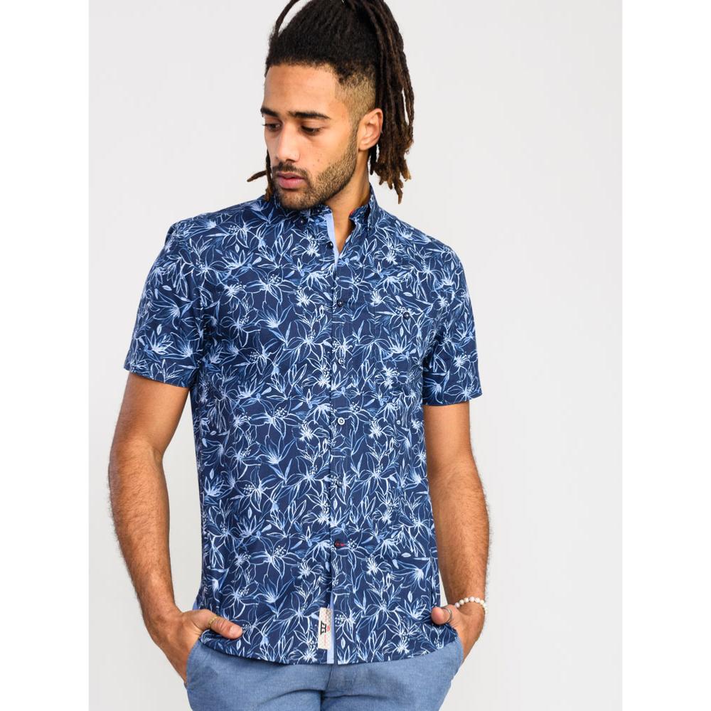 D555 PADBURY FLORAL ALL OVER PRINT COTTON SHIRT WITH BUTTON DOWN COLLAR NAVY