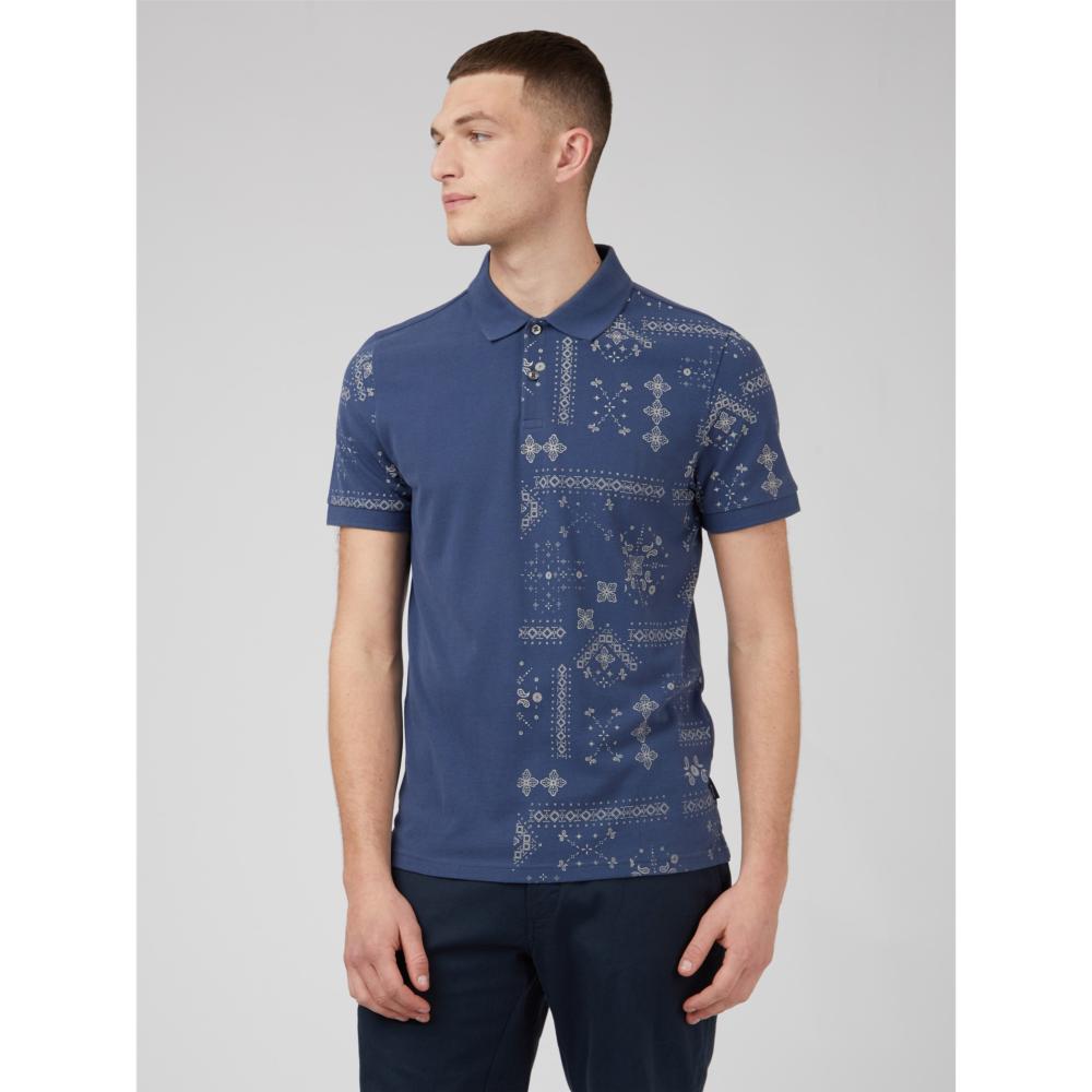BEN SHERMAN GEO PRINT POLO SHIRT BLUE DENIM