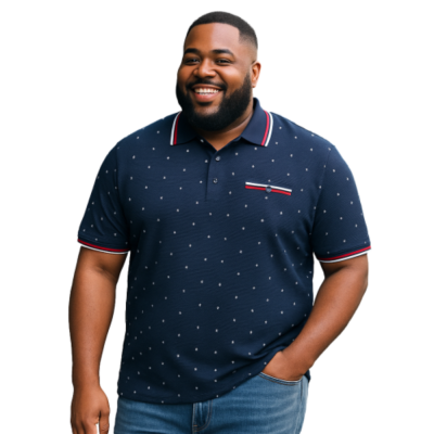 KAM YARN DROP NEEDLE JERSEY POLO WITH DOBBY PRINT NAVY