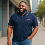 KAM YARN DROP NEEDLE JERSEY POLO WITH DOBBY PRINT NAVY