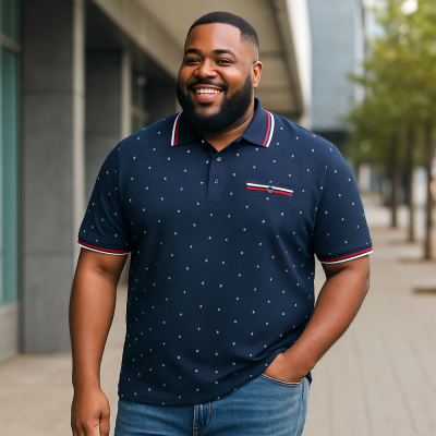 KAM YARN DROP NEEDLE JERSEY POLO WITH DOBBY PRINT NAVY