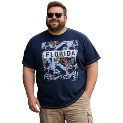 D555 PRESTWICK FLORIDA TROPICAL PRINT NATURAL COTTON TEE SHIRT NAVY