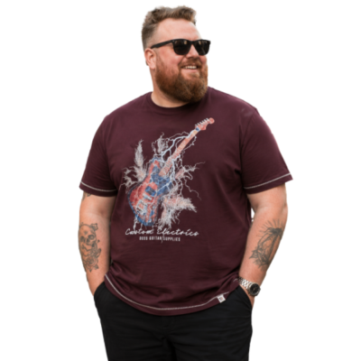 D555 REDBOURNE LIGHTNING BOLT GUITAR PRINT TEE SHIRT BURGUNDY/BLACK TWIST