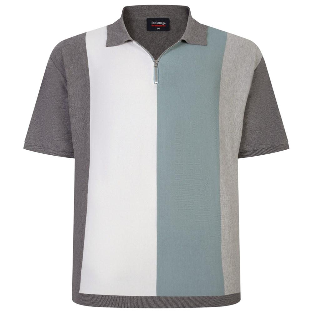 ESPIONAGE KNITTED COTTON STRIPED POLO WITH ZIP NECK GREY/CREAM /SAGE