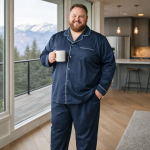 Add this item to a confident, stylish fat white man with a warm smile. The shirt design is clear. The man is standing casually in an cool urban setting with soft natural lighting, looking comfortable and cool. The overall vibe is modern, laid-back, and effortlessly fashionable. The image is high-resolution and ideal for use on an online clothing store, showing off the whole item design in detail while presenting an inclusive and appealing model. This must be in a square format 1000*1000