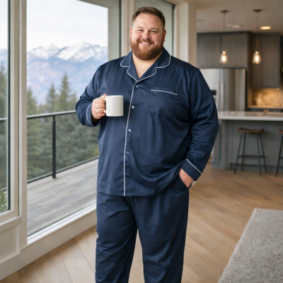 Add this item to a confident, stylish fat white man with a warm smile. The shirt design is clear. The man is standing casually in an cool urban setting with soft natural lighting, looking comfortable and cool. The overall vibe is modern, laid-back, and effortlessly fashionable. The image is high-resolution and ideal for use on an online clothing store, showing off the whole item design in detail while presenting an inclusive and appealing model. This must be in a square format 1000*1000