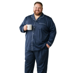 Add this item to a confident, stylish fat white man with a warm smile. The shirt design is clear. The man is standing casually in an cool urban setting with soft natural lighting, looking comfortable and cool. The overall vibe is modern, laid-back, and effortlessly fashionable. The image is high-resolution and ideal for use on an online clothing store, showing off the whole item design in detail while presenting an inclusive and appealing model. This must be in a square format 1000*1000
