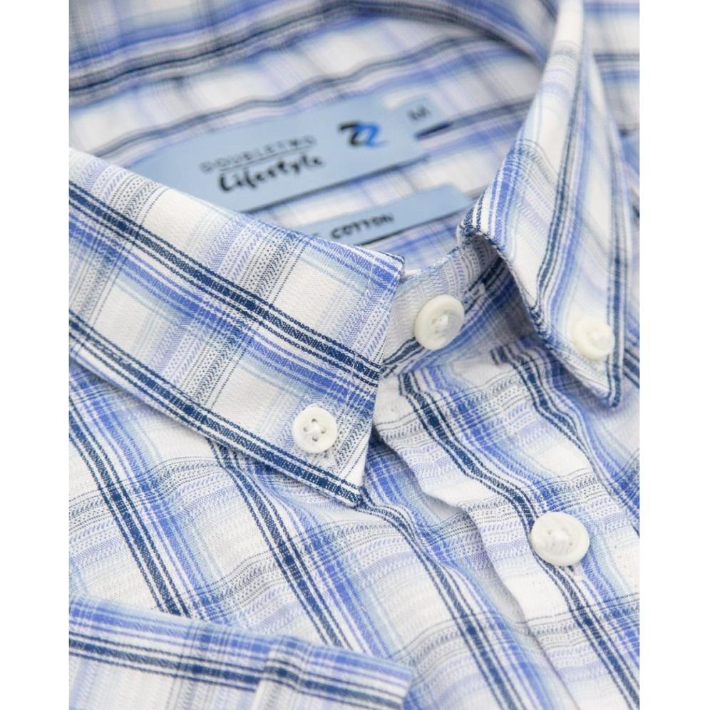 DOUBLE TWO LIFESTYLE CHECK SHORT SLEEVE CASUAL COTTON SHIRT BLUE / NAVY