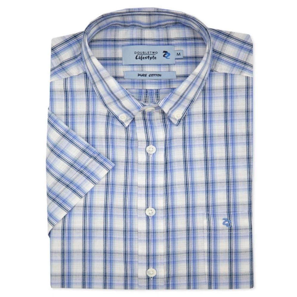 DOUBLE TWO LIFESTYLE CHECK SHORT SLEEVE CASUAL COTTON SHIRT BLUE / NAVY
