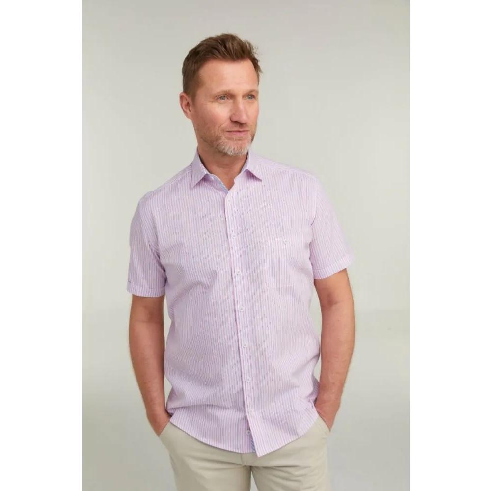 DOUBLE TWO LIFESTYLE MULTI-STRIPED SHORT SLEEVE SHIRT PINK