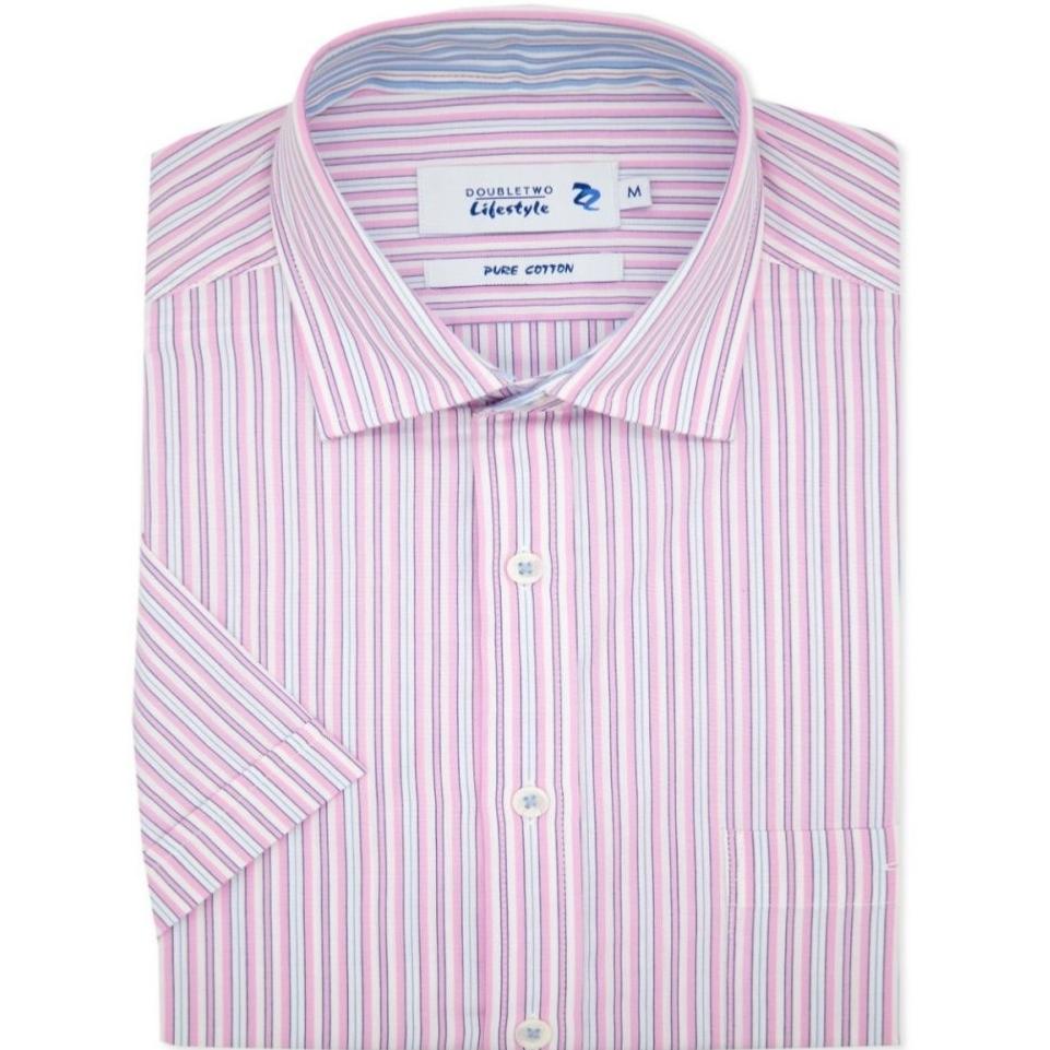 DOUBLE TWO LIFESTYLE MULTI-STRIPED SHORT SLEEVE SHIRT PINK