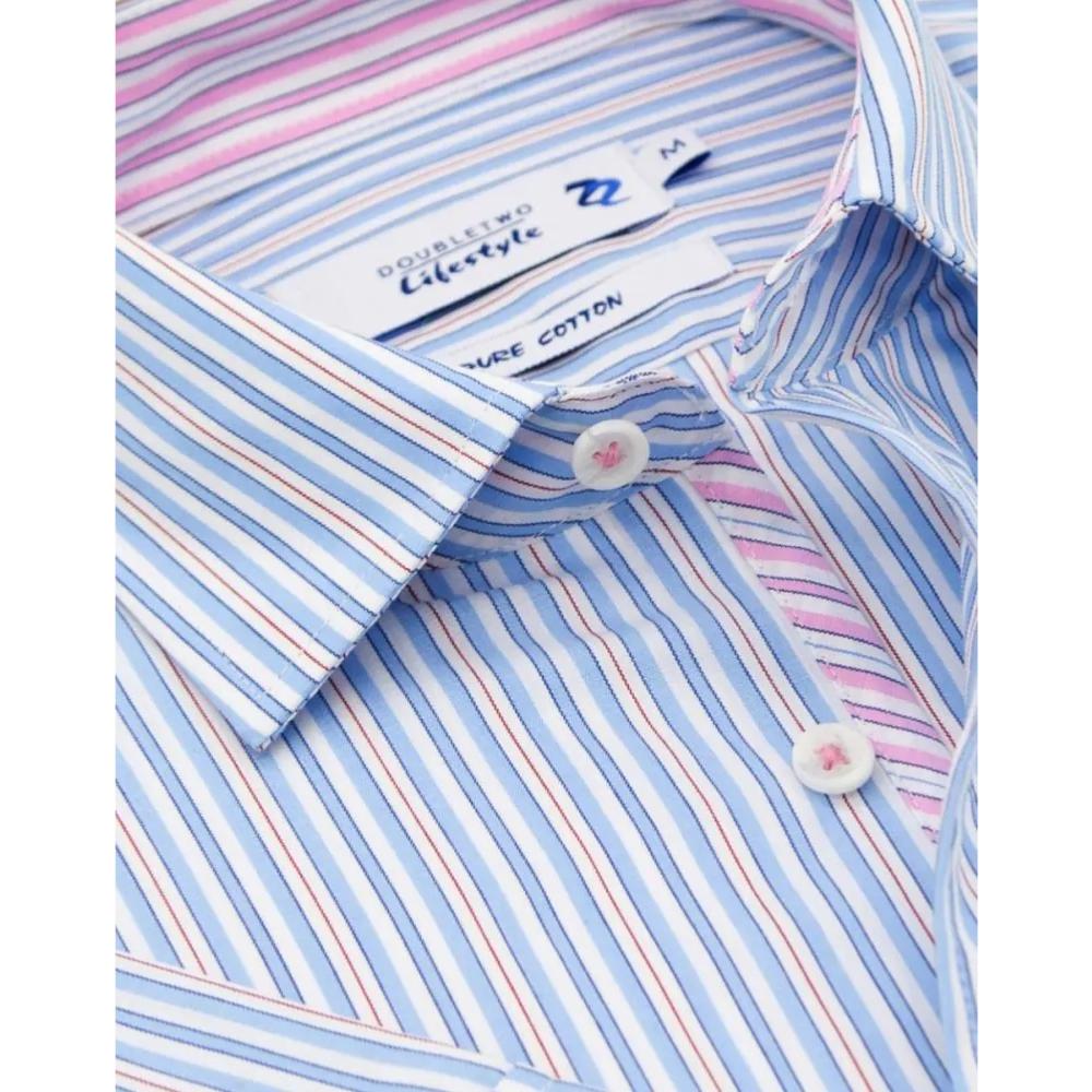DOUBLE TWO LIFESTYLE MULTI-STRIPED SHORT SLEEVE SHIRT BLUE