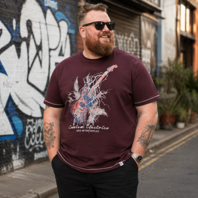 D555 REDBOURNE LIGHTNING BOLT GUITAR PRINT TEE SHIRT BURGUNDY/BLACK TWIST