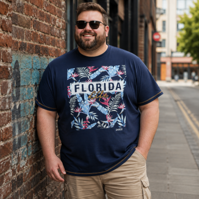 D555 PRESTWICK FLORIDA TROPICAL PRINT NATURAL COTTON TEE SHIRT NAVY
