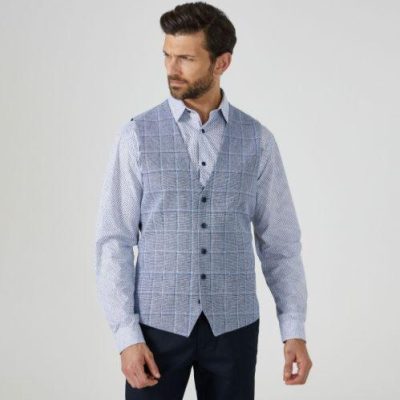 SKOPES LUMIS PALE BLUE CHECK LINEN COTTON WAISCOAT