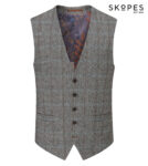ROWAN – SKOPES WOOL BLEND HERRINGBONE WAISTCOAT WITH OVER CHECK BROWN